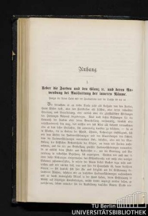 I. Ueber die Farben und den Glanz u.s.w. und deren Anwendung bei Ausstattung der inneren Räume