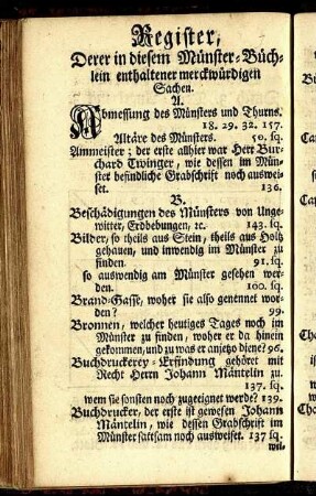 Register, Derer in diesem Münster-Büchlein enthaltener merckwürdigen Sachen.