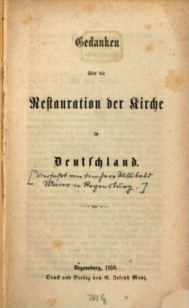 Gedanken über die Restauration der Kirche in Deutschland