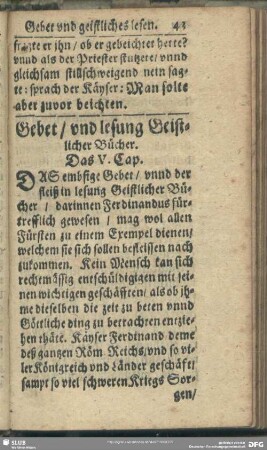 Gebet, und lesung Geistlicher Bücher. Das V. Cap.