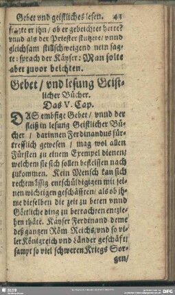 Gebet, und lesung Geistlicher Bücher. Das V. Cap.