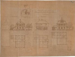 Thiersch, August ; Schwürbitz (Bayern); Schule - Lageplan, Grundriss, Grundriss EG, Grundriss OG, Ansichten