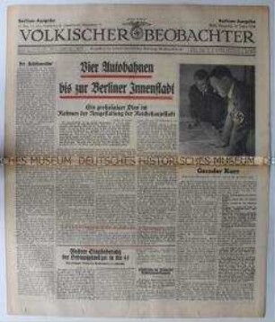 Tageszeitung "Völkischer Beobachter" u.a. zum Autobahnbau in und um Berlin und über den 1. Parteitag der NSDAP 1923