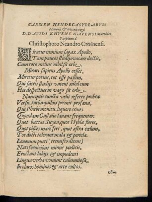 Carmen Hendecasyllabum Honoris et amoris ergo D. Davidi Khuens Navensi Marchio.
