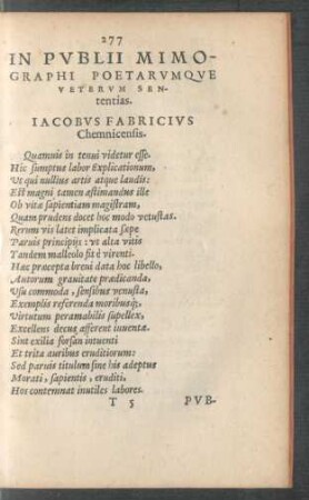 In Publii Mimographi Poetarumque Veterum Sententias. Iacobus Fabricius Chemnicensis.