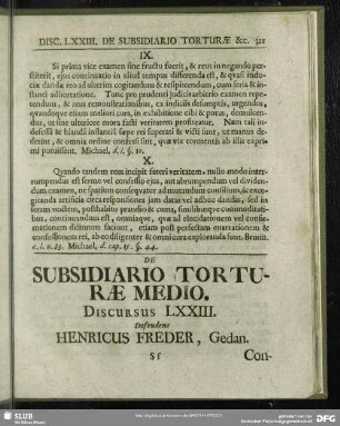 De Subsidiario Torturae Medio, Discursus LXXIII. Defendens Henricus Freder, Gedan.