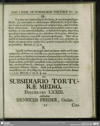 De Subsidiario Torturae Medio, Discursus LXXIII. Defendens Henricus Freder, Gedan.