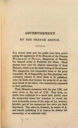 Memoirs of Frederica Sophia Wilhelmina, Princess royal of Prussia, Margravine of Bareith, sister of Frederic the Great, Vol. 1 (1828)