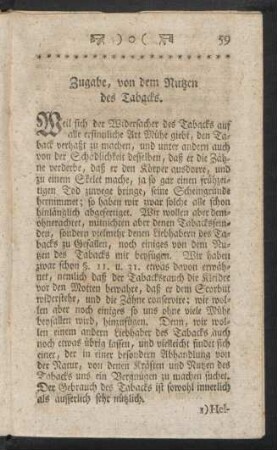 Zugabe, von dem Nutzen des Tabacks.
