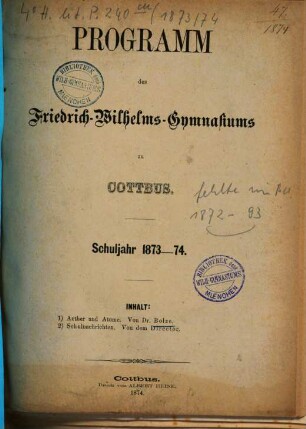 Programm des Friedrich-Wilhelms-Gymnasiums und des Realprogymnasiums. 1873/74
