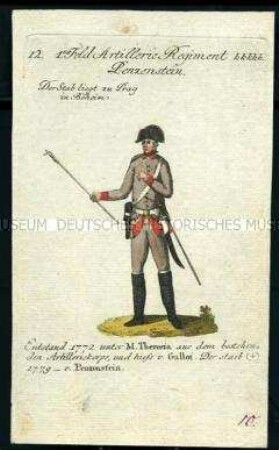 Uniformdarstellung, Gemeiner des 1. Feldartillerie-Regiments Penzenstein, Österreich, 1796. Tafel aus: Geschichte und bildliche Vorstellung der Regimenter des Erzhauses Österreich.