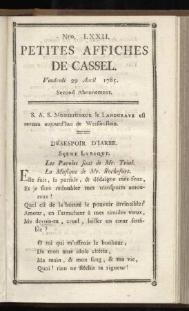 No LXXII (Vendredi 29 Avril 1785)