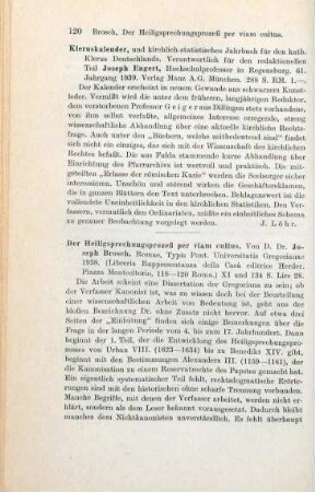 120-121 [Rezension] Brosch, Joseph, Der Heiligsprechungsprozess per viam cultus