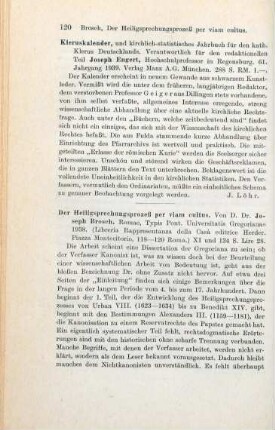 120-121 [Rezension] Brosch, Joseph, Der Heiligsprechungsprozess per viam cultus