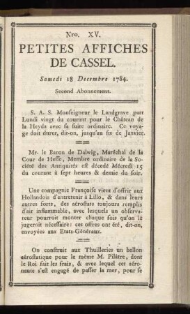 No XV (Samedi 18 Decembre 1784)