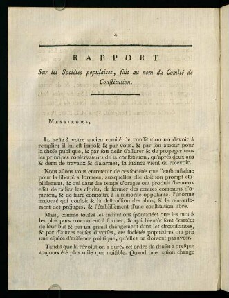 4-12, Rapport Sur les Sociétés populaires, fait au nom du Comité de Constitution.