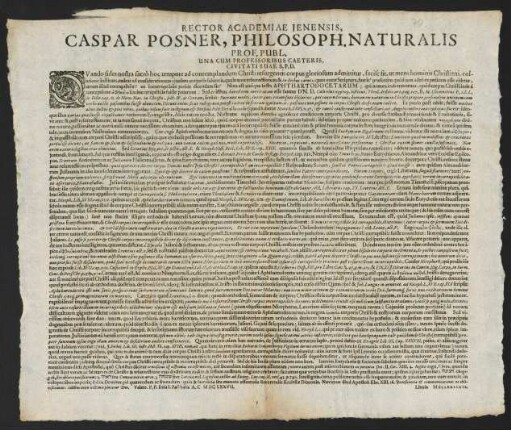 Rector Academiae Jenensis, Caspar Posner, Philosoph. Naturalis Prof. Publ. Una Cum Professoribus Caeteris, Civitati Suae S. P. D.