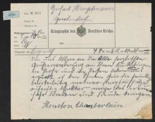 Brief von Houston Stewart Chamberlain an Gerhart Hauptmann