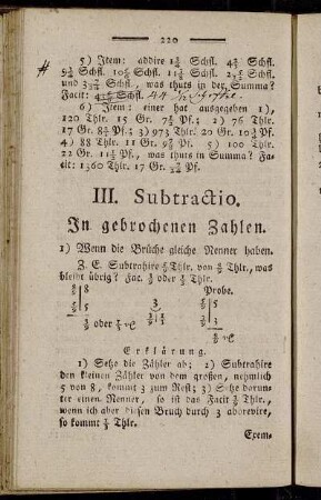 III. Subtractio. In gebrochenen Zahlen