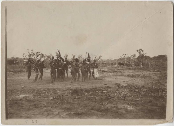 Kayapó dance scene in front of the Apeitití festival hut