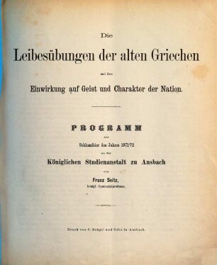 Die Leibesübungen der alten Griechen und ihre Einwirkung auf Geist und Charakter der Nation
