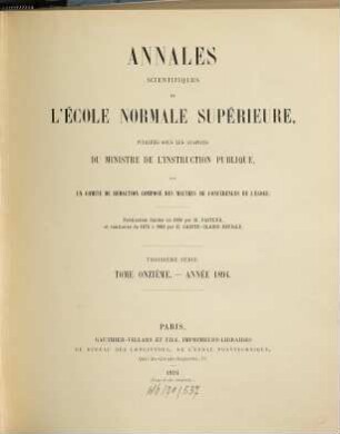 Annales scientifiques de l'Ecole Normale Supérieure. 11. 1894