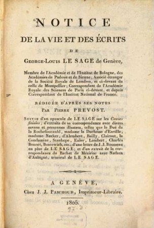 Notice de la vie et des écrits de George-Louis Le Sage de Genève