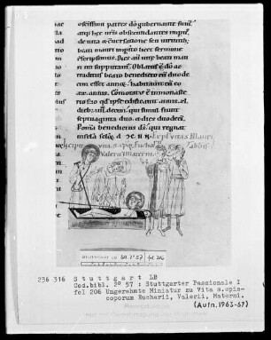 Stuttgarter Passionale — Pars hiemalis (erster Band) — Szene aus dem Leben der heiligen Bischöfe Eucharius, Valerius und Maternus, Folio 206recto