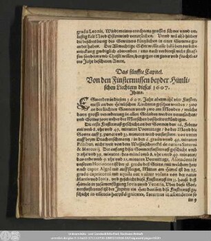 Das fünffte Capitel. Von den Finsternussen beyder Himlischen Liechtern dieses 1607. Jhars.
