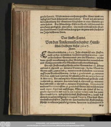 Das fünffte Capitel. Von den Finsternussen beyder Himlischen Liechtern dieses 1607. Jhars.