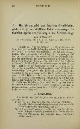 XII. Ausführungsgesetz zum deutschen Gerichtskostengesetze und zu den deutschen Gebührenordnungen für Gerichtsvollzieher und für Zeugen und Sachverständige. Vom 10. März 1879.