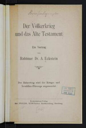 Der Völkerkrieg und das Alte Testament / ein Vortrag von A. Eckstein