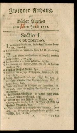 Zweyter Anhang, zur Bücher Auction vom 22ten Junii 1761.
