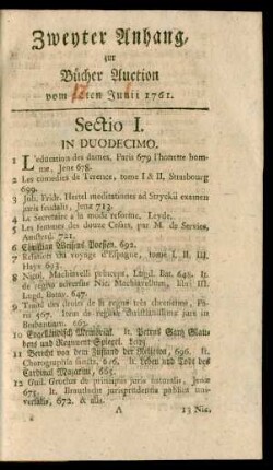 Zweyter Anhang, zur Bücher Auction vom 22ten Junii 1761.