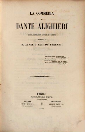 La Commedia di Dante Alighieri con illustrazioni antiche e moderne pubblicata da M. Aurelio Zani de'Ferranti