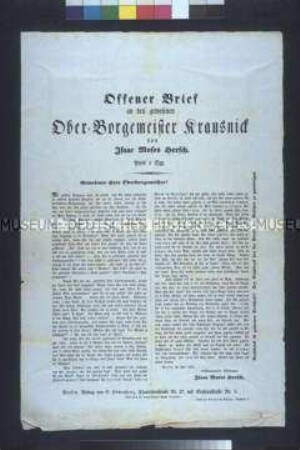 Satirisches Flugblatt: Offener Brief an den gewesenen Oberbürgermeister Krausnick von Isaac Moses Hersch; Berlin, Juni 1848