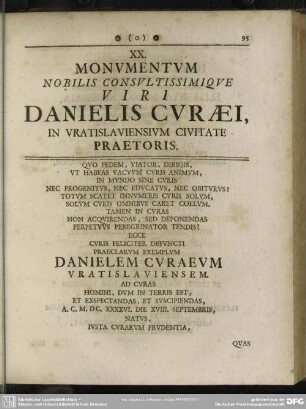 XX. Monumentum Nobilis Consultissimique Viri Danielis Curaei, in Vratislaviensium Civitate Praetoris