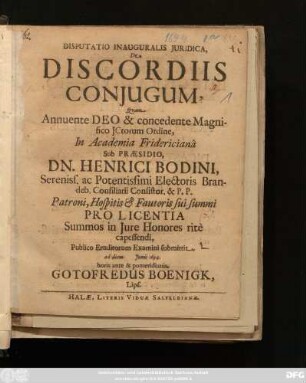 Disputatio Inauguralis Iuridica, De Discordiis Coniugum