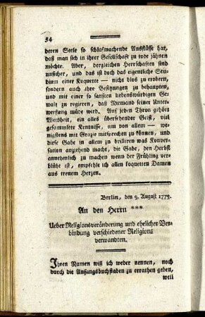 An den Hernn *** Ueber Religionsveränderung und ehelicher Verbindung verschiedener Religions verwandten.