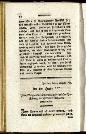 An den Hernn *** Ueber Religionsveränderung und ehelicher Verbindung verschiedener Religions verwandten.