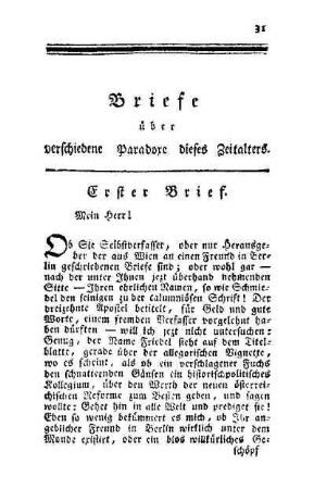 Briefe über verschiedene Paradoxe dieses Zeitalters
