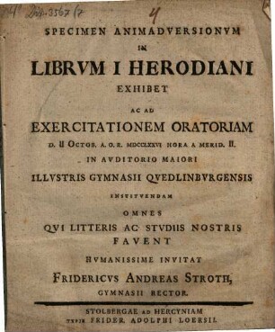 Specimen animadversionum in librum I. Herodiani