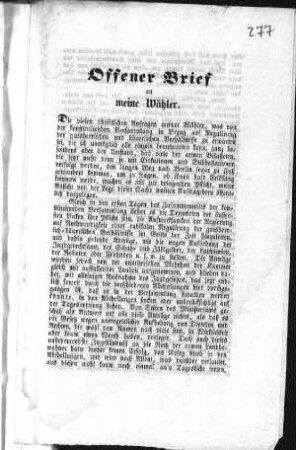 Offener Brief an meine Wähler. Die vielen schriftlichen Anfragen meiner Wähler, [...] (Sammlung Friedlaender)