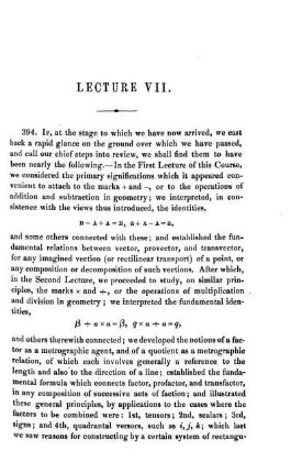 Lecture VII. Addition and Subtraction of Quaternions.