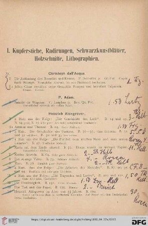 I. Kupferstiche, Radirungen, Schwarzkunstblätter, Holzschnitte, Lithographien (Nr. 1-1996)