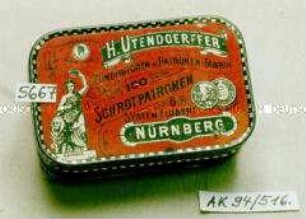 Blechdose für "H. UTENDOERFFFER ZÜNDHÜTCHEN u. PATRONEN-FABRIK SCHROTPATRONEN NÜRNBERG"