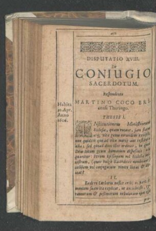Disputatio XVIII. De Coniugio Sacerdotum. Respondente Martino Coco Ericensi.
