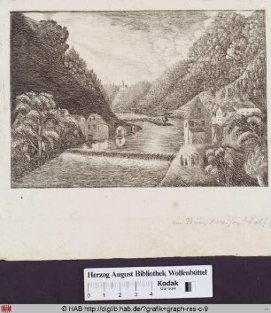 Flusslandschaft mit bergiger Kulisse und Wassermühle.