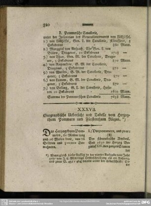 XXXVII. Geographische Uebersicht und Tabelle vom Herzogthum Pommern und Fürstenthum Rügen