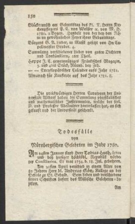Todesfälle von Nürnbergischen Gelehrten im Jahre 1780